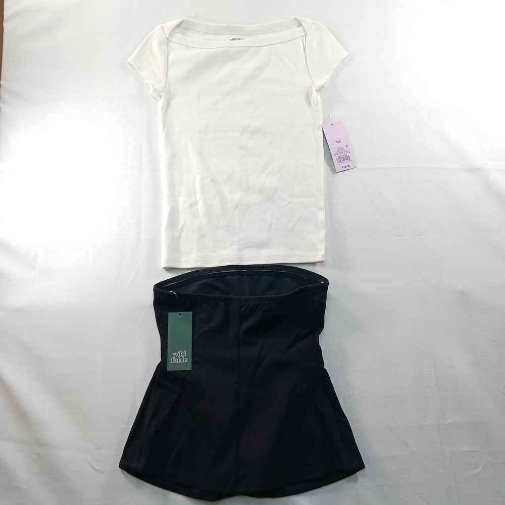 Wild Fable Women XXS 2pc Set Cream Boat Neck Tee & Black Strapless Tube Top NWT
